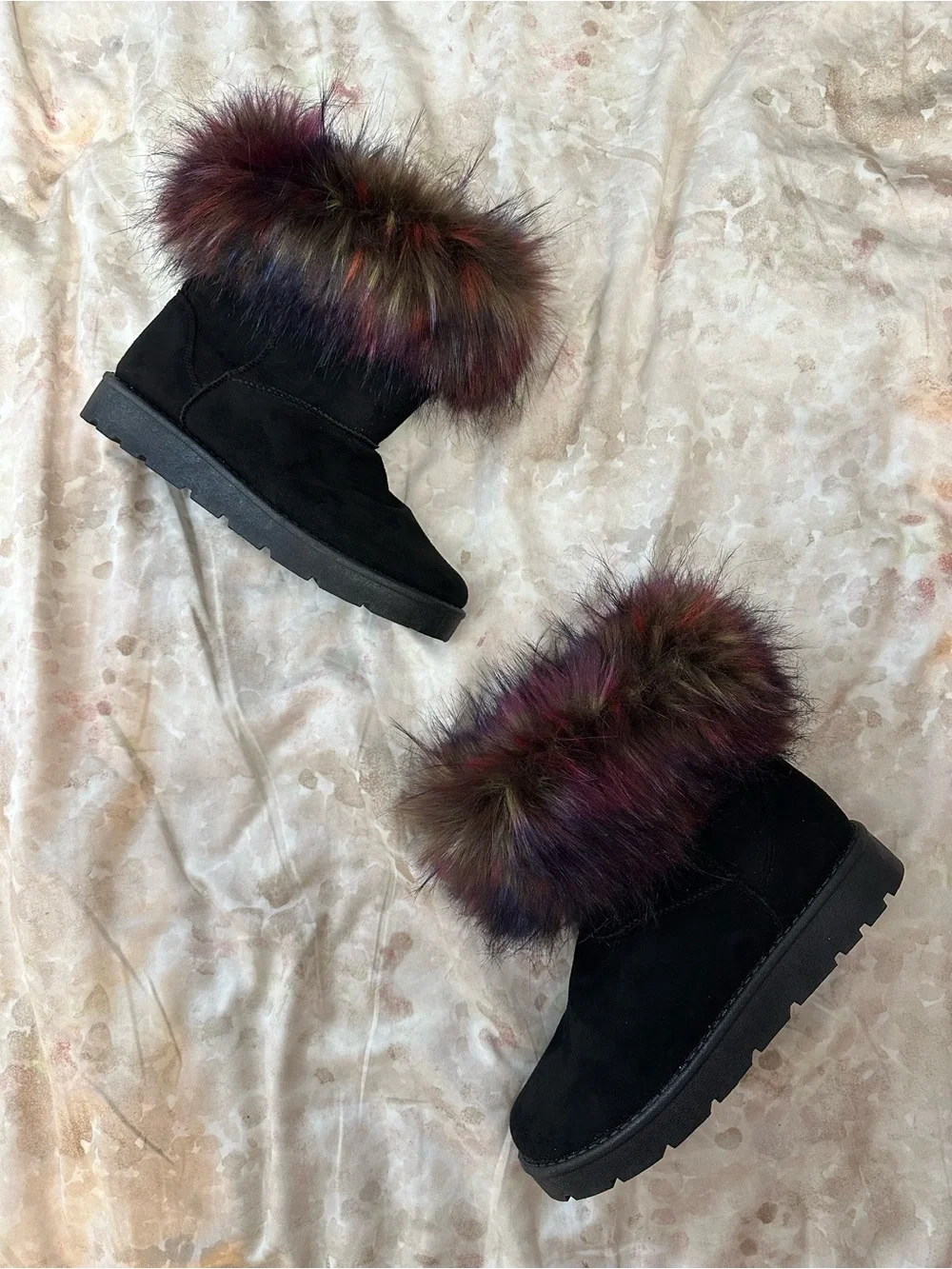 Dolls Kill Black Boots with Multicolor Faux Fur Cuff